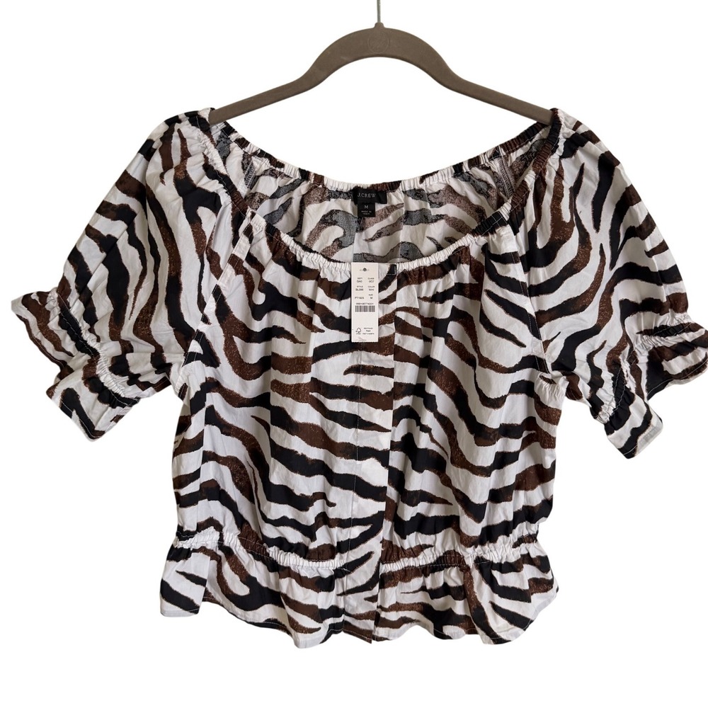NWT J.Crew Zebra Print Smocked Peplum Top Brown White BL099 FA22 Womens Medium